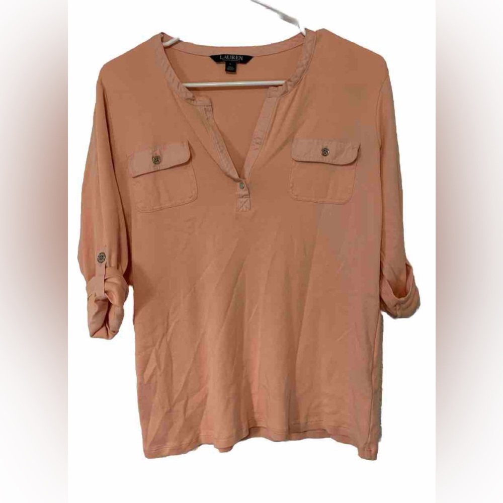 Lauren Ralph Lauren Top Womens Large Henley Roll Tab Sleeves Pink 100% Cotton
